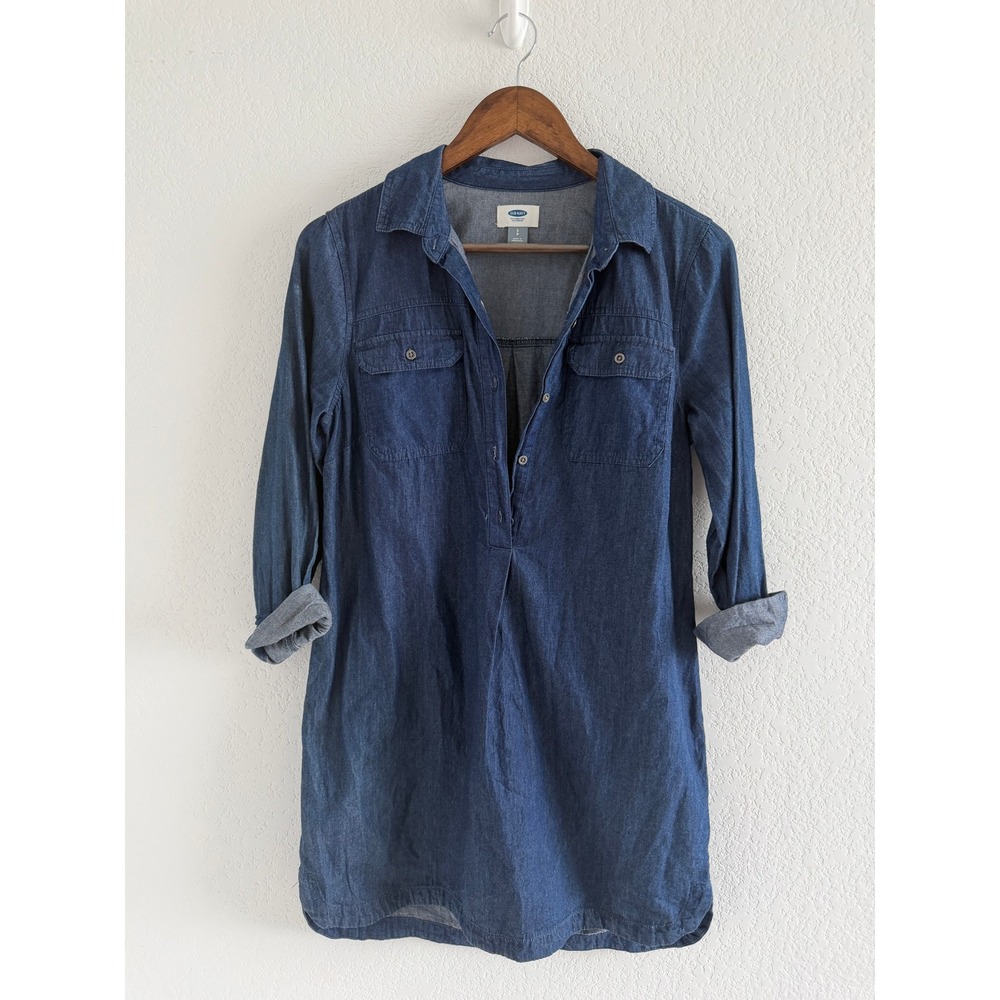 Old Navy Classic Denim Shift Dress Size S Blue Long Sleeve Button Front